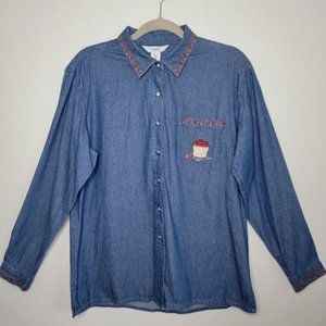 Vintage Northern Reflections Medium Denim Button Up Long Sleeve with Apples
